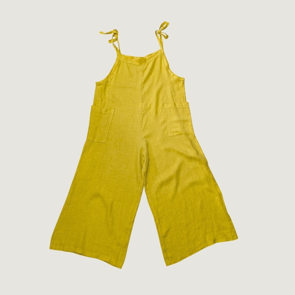 Made in Italy 100% Linen Wide Leg Tie Shoulder Jumpsuit Overalls Yellow Large